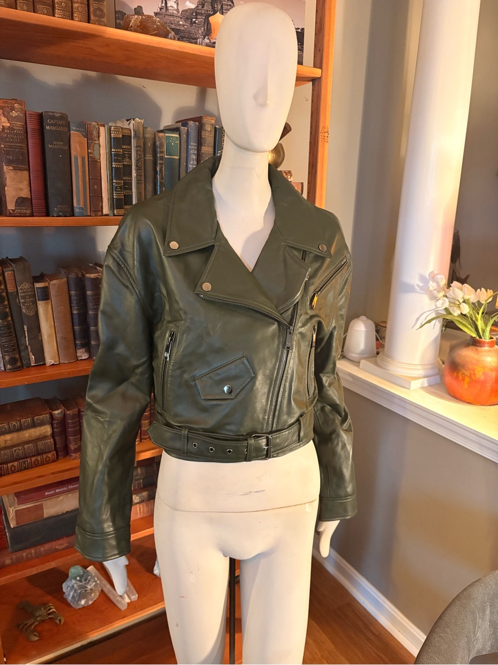 Badgley Mischka Leather Biker Jacket in Hunter Green Crop Jacket